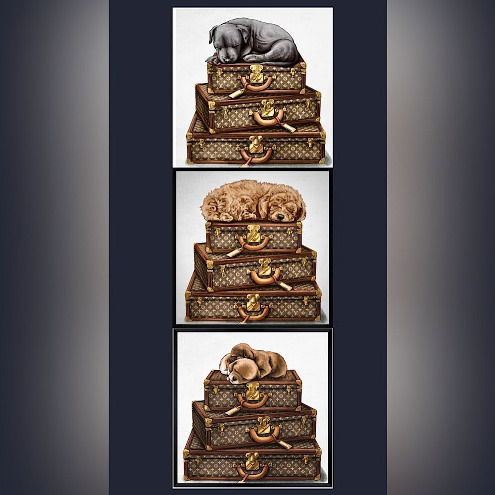 Dogs & Luxury LV Suitcases ~ “ dog gone tired” print picture room wall art decor